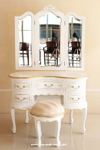 Barock Tisch Schminktisch Stuhl, Repro-Antik-Design,gold weiß, Mahagoni massiv holz, ausgefallen exclusive 