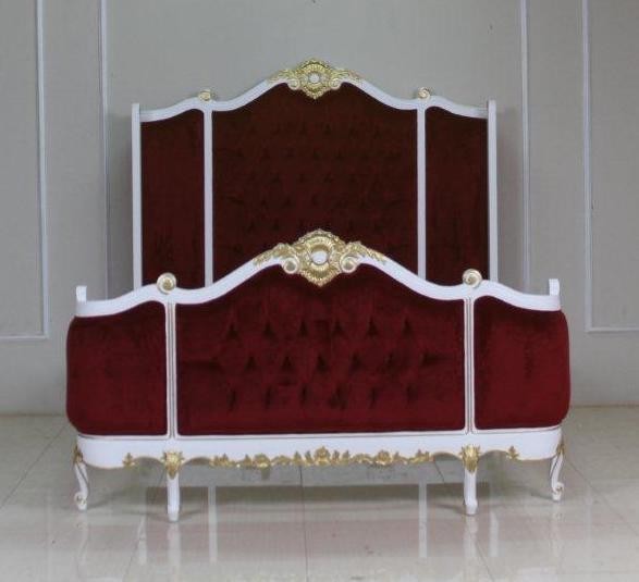 Barock Bett Polstermöbel, weiß mit starkem gold Dekor, Repro-Antik-Design,Mahagoni Massiv Holz ausgefallen exclusivee