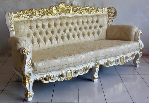 Barock Sofa Polstermöbel, Repro-Antik-Design, Mahagoni massiv Holz, Goldnieten, Kunstleder, weiß lackiert, Holzschnitzerei