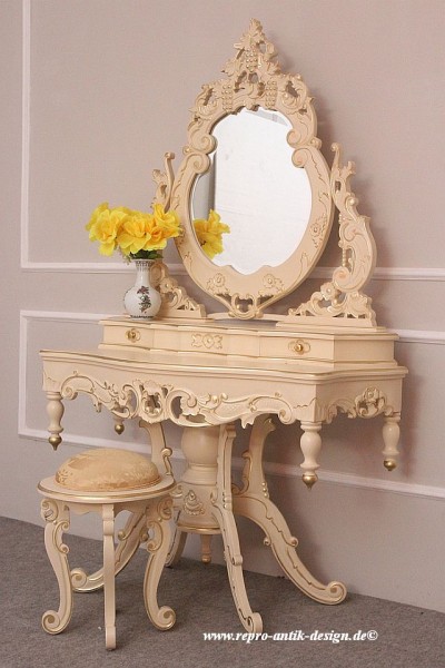 Barock Schminktisch mit Spiegel, Repro-Antik-Design, Mahagoni massiv holz, gold weiß, aufwendige Holzschnitzerei, ausgefallen 