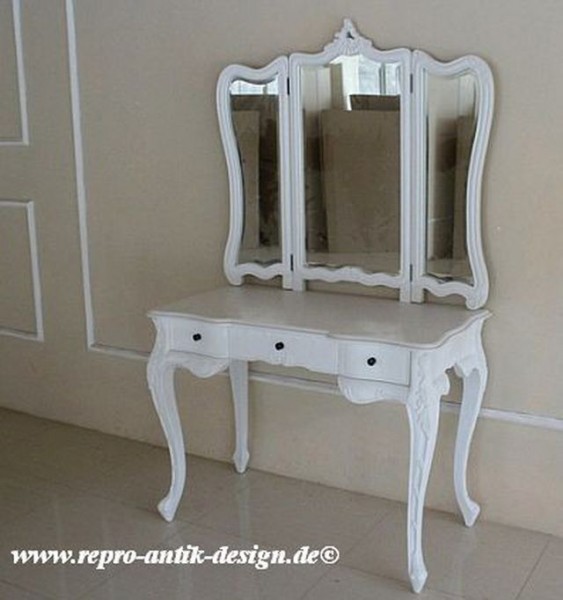 Barock Tisch Spiegel Schminktisch Stuhl, Repro-Antik-Design, weiß, Mahagoni massiv holz, ausgefallen exclusive 