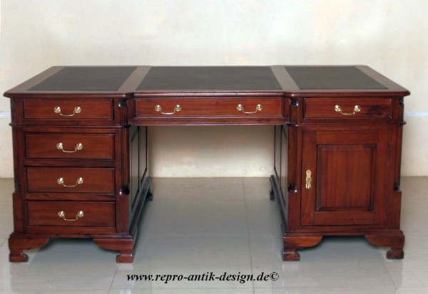 Barock Tisch Schreibtisch mit Schubladen, Repro-Antik-Design, Mahagoni massiv Holz Goldgriffe aufwendige Holzschnitzerei 