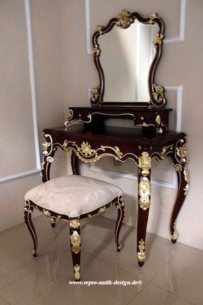 Barock Tisch Spiegel Schminktisch Stuhl, Repro-Antik-Design,gold braun, Mahagoni massiv holz, ausgefallen exclusive 