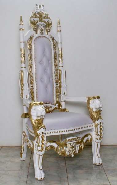 Barock Stuhl Königsstuhl Thronstuhl Repro-Antik-Design, Mahagoni massiv holz lackiert weiß gold  , aufwendige Holzschnitzerei Löwe, mit Goldnieten