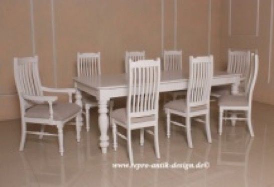 Barock Esszimmer Stuhl Tisch Garnitur Polstermöbel, Repro-Antik-Design,Mahagoni massiv Holz, weiß, aufwendige Holzschnitzerei