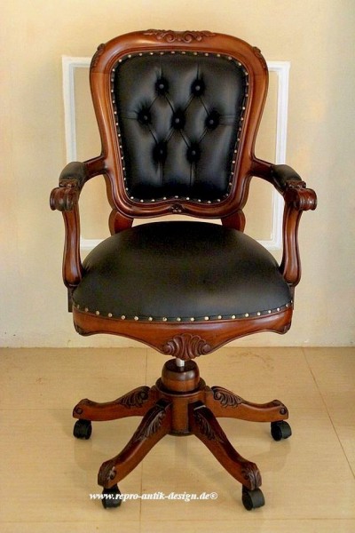 Barock Stuhl Bürostuhl Repro-Antik-Design, Mahagoni massiv holz, aufwendige Holzschnitzerei, Kunstleder schwarz mit Goldnieten
