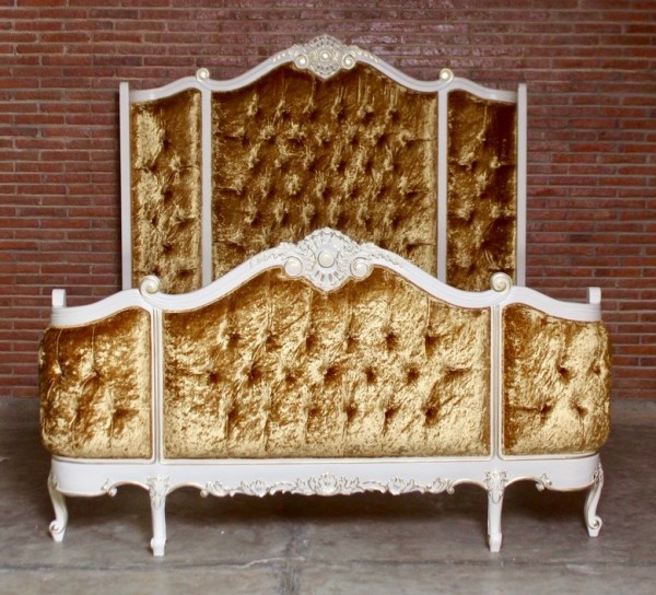 Barock Bett Polstermöbel, elfenbein leichtem gold Dekor, Repro-Antik-Design,Mahagoni Massiv Holz ausgefallen exclusivee
