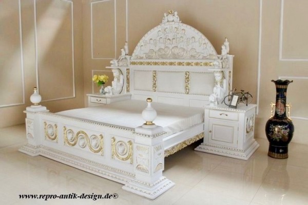 Barock Bett Königsbett Nachttisch, Repro-Antik-Design, Mahagoni Massiv Holz Gold Dekor exclusive ausgefallen 