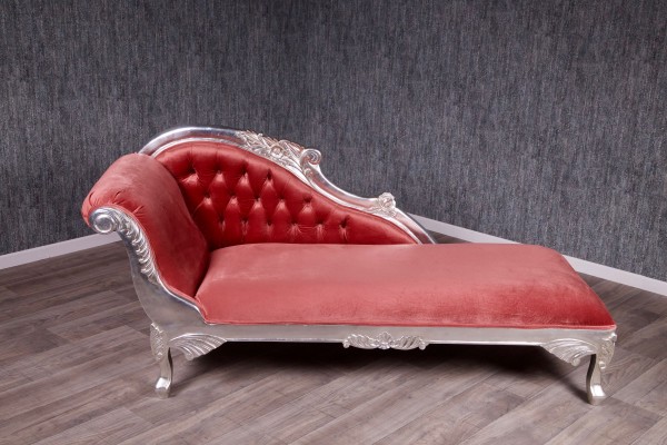 Barock Sofa Recamiere, Repro-Antik-Design, Mahagoni massiv Holz aufwendige Holzschnitzerei silber rot      