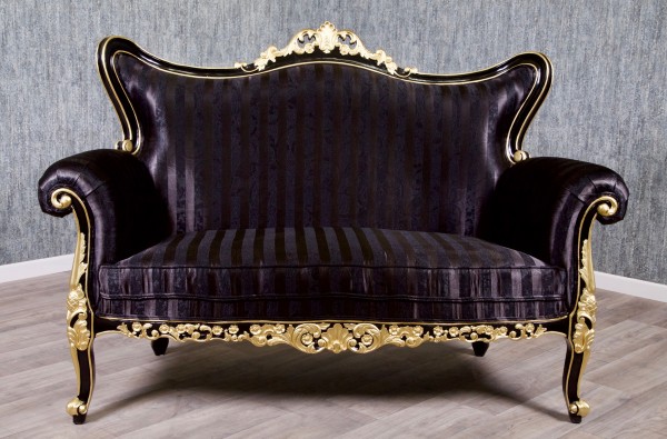 Barock Sofa Couch Polstermöbel, Repro-Antik-Design, Mahagoni massiv Holz, schwarz gold, Stoffbezug mit Ornamenten, aufwendige Holzschnitzerei