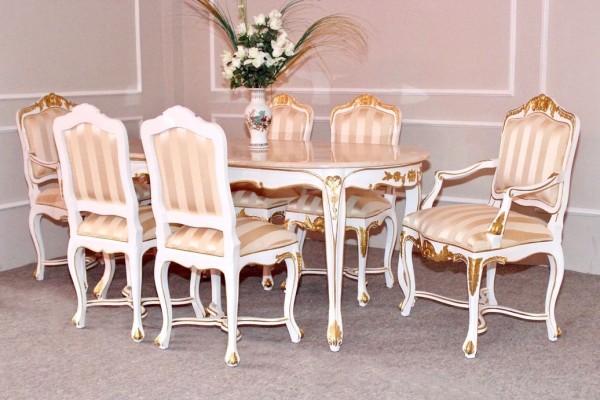 Barock Esszimmer Stuhl Tisch Garnitur Polstermöbel, Repro-Antik-Design, , Mahagoni massiv Holz, weiß gold creme, aufwendige Holzschnitzerei