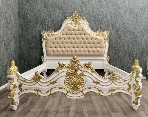 Barock Bett Valbonne, Repro-Antik-Design, Mahagoni Massiv Holz, ausgefallen exclusive gold wei