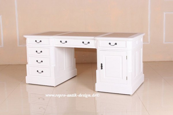 Barock Tisch Schreibtisch Partnertisch mit Schubladen und Tür, Repro-Antik-Design,weiß Mahagoni massiv Holz