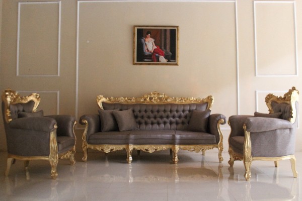 Barock Sofa Garnitur, Repro-Antik-Design, Mahagoni Massiv Holz belegt mit Blattgold