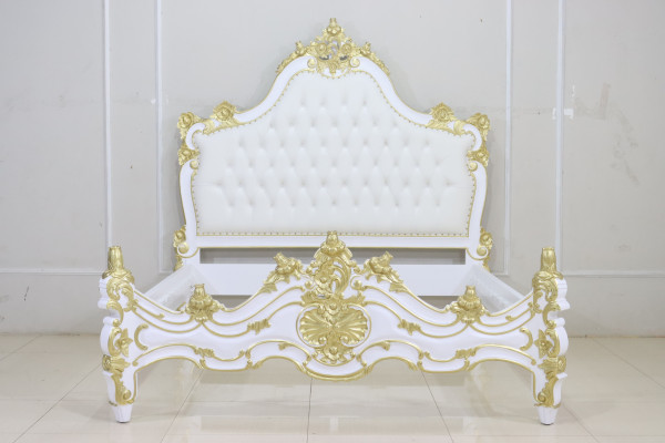 Barock Bett Valbonne, Repro-Antik-Design, Mahagoni Massiv Holz, ausgefallen exclusive gold wei
