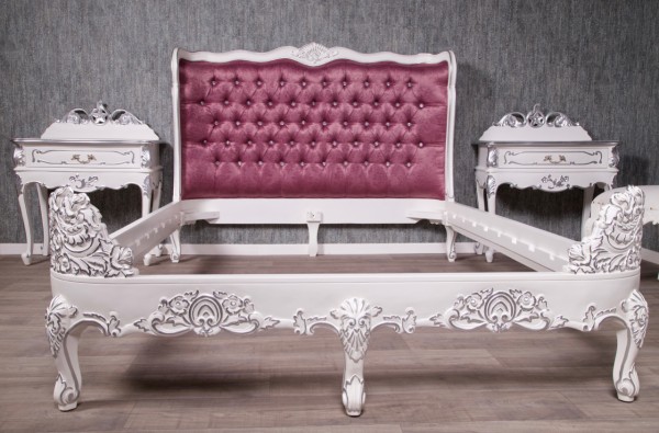 Barock Bett Polstermöbel, Repro-Antik-Design, Mahagoni massiv holz, lila Stoffbezug,strassteinen,silber, Holzschnitzerei 