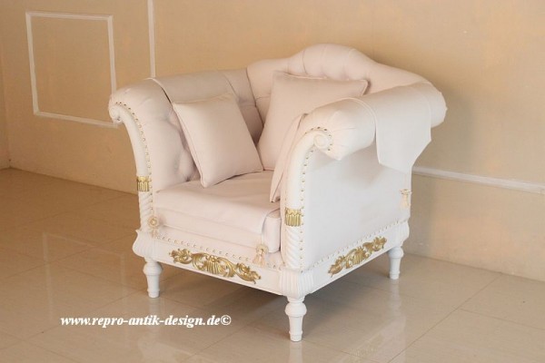 Barock Sessel Polstermöbel, Repro-Antik-Design, Mahagoni massiv Holz, weiß gold 