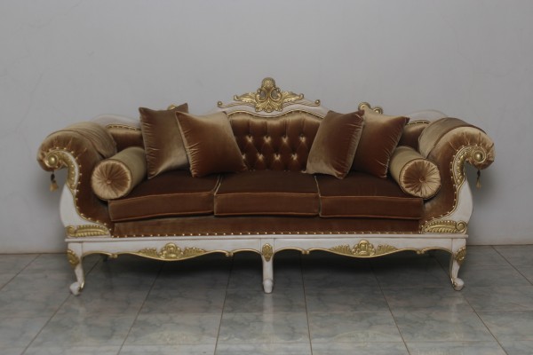 Barock Sofa Polstermöbel, Repro-Antik-Design, Mahagoni massiv Holz, weiß gold 