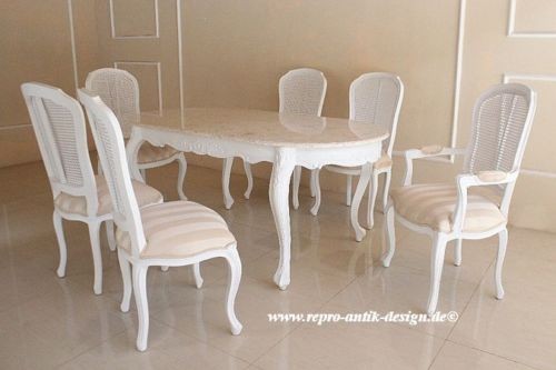Barock Esszimmer Stuhl Tisch Garnitur Polstermöbel, Repro-Antik-Design, , Mahagoni massiv Holz, weiß gold creme, aufwendige Holzschnitzerei