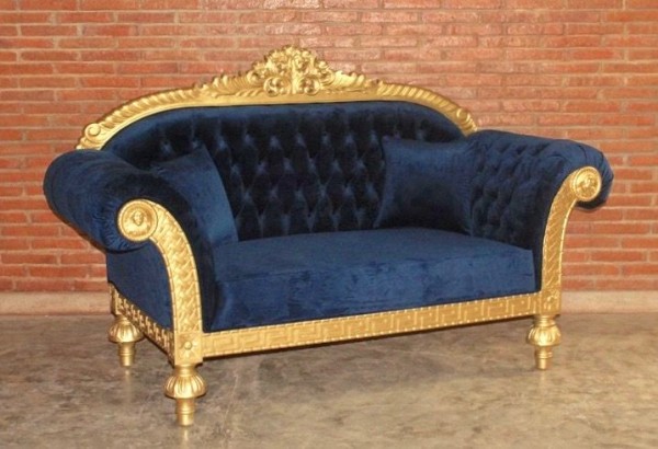 Barock Sofa 2-Sitzer, Repro-Antik-Design, Mahagoni massiv holz  aufwendige Holzschnitzerei gold, blauer samt Stoffbezug 