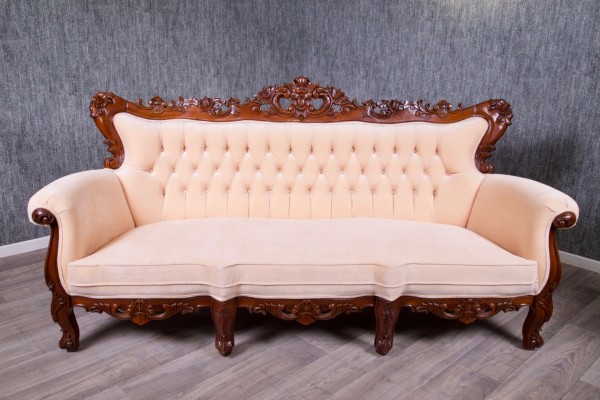 Barock Sofa Couch Polstermöbel, Repro-Antik-Design, Mahagoni Massiv Holz, Nussbraun , aufwendige Holzschnitzerei, ausgefallen, aprico Stoffbezug