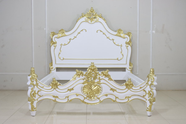 Barock Bett Valbonne, Repro-Antik-Design, Mahagoni Massiv Holz, ausgefallen exclusive weiß golded