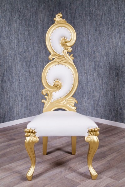 Barock Stuhl Königsstuhl Polstermöbel, Repro-Antik-Design, Mahagoni massiv Holz, belegt mit Blattgold, Kunstleder Goldnieten, aufwendige Holzschnitzerei