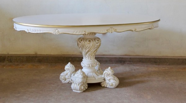 Barock Tisch Esszimmer, Repro-Antik-Design, weiß mit gold Dekor, Mahagoni massiv holz, Holzschnitzerei , ausgefallen exekutive