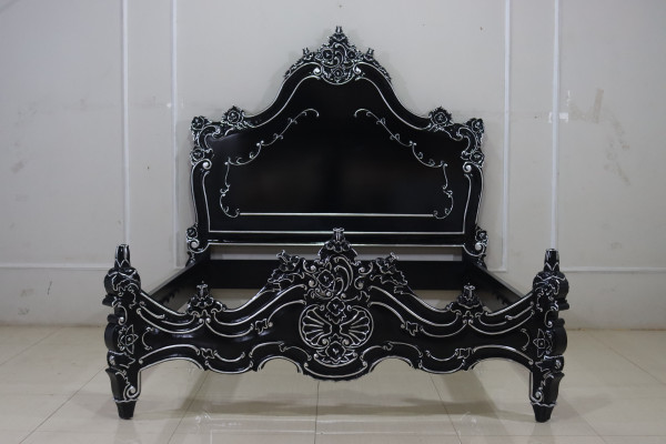Barock Bett Valbonne, Repro-Antik-Design, Mahagoni Massiv Holz, ausgefallen exklusive schwarz mit leichtem silbernem Dekor 