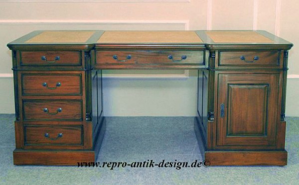 Barock Tisch Schreibtisch Partnertisch mit Schubladen und Tür, Repro-Antik-Design,Mahagoni massiv Holz