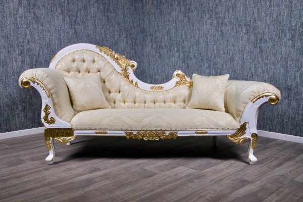 Barock Chaiselongue Sofa , Repro-Antik-Design Mahagoni massiv holz , Ornamente Stoffbezug  aufwendige Holzschnitzerei , belegt mit Blattgold