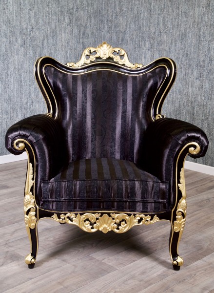 Barock Sessel Polstermöbel, Repro-Antik-Design, Mahagoni massiv Holz, schwarz gold, Stoffbezug mit Ornamenten, aufwendige Holzschnitzerei