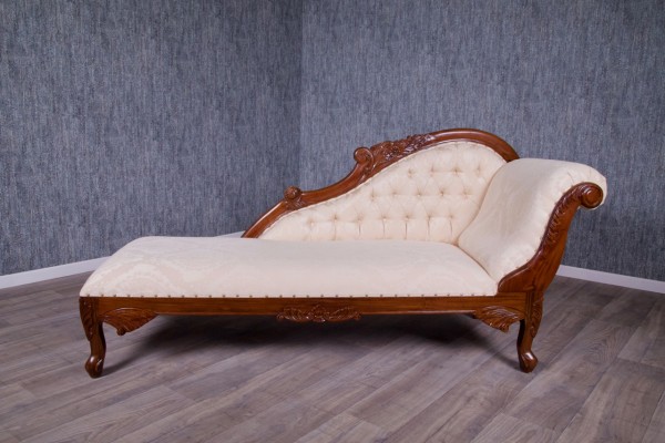 Barock Sofa Recamiere , Repro-Antik-Design, Mahagoni massiv Holz braun aufwendige Holzschnitzerei  Bezug mit Goldnieten