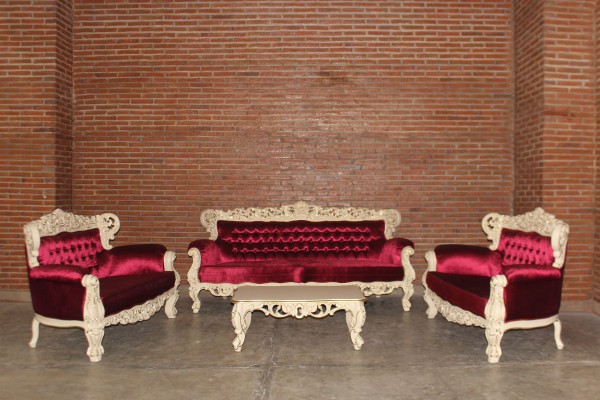 Barock Sofa Sessel Tisch Couchtisch Garnitur 4er Set, Repro-Antik-Design, Mahagoni massiv holz Elfenbein  aufwendige Holzschnitzerei gold rot Stoffbezug 