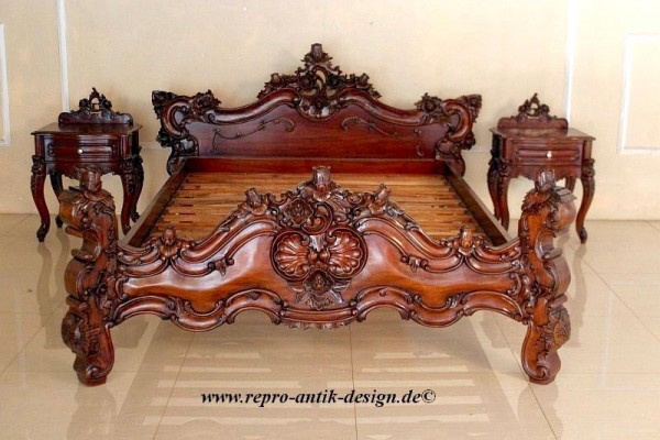 Barock Bett Valbonne, Repro-Antik-Design, Mahagoni massiv Holz ausgefallen exclusive