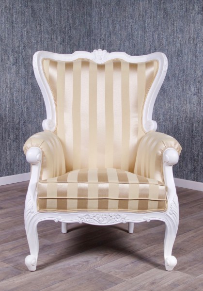 Barock Sessel Polstermöbel, Repro-Antik-Design, Mahagoni massiv Holz, weiß, Stoffbezug gestreift gold beige creme weiß , aufwendige Holzschnitzerei