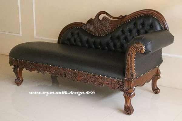 Barock Sofa Recamiere swan Schwan, Repro-Antik-Design, Mahagoni massiv Holz aufwendige Holzschnitzerei braun Kunstleder schwarz mit Goldnieten