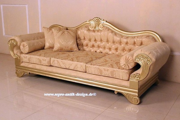 Barock Sofa 3-Sitzer, Repro-Antik-Design, Mahagoni massiv holz  aufwendige Holzschnitzerei gold,creme Ornamenten Stoffbezug