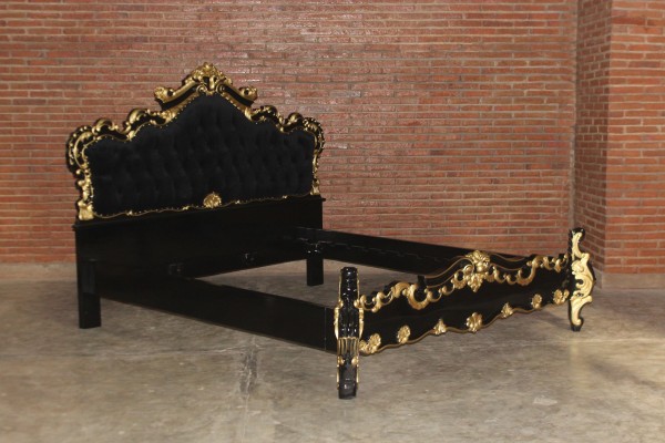 Barock Bett Grace, Repro-Antik-Design, Mahagoni Massiv Holz ausgefallen schwarz Gold Dekor exclusive