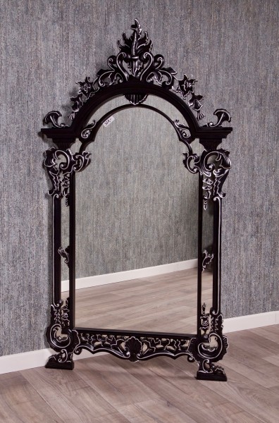 Barock Spiegel Wandspiegel Ankleidespiegel, Gothic, Repro-Antik-Design, Mahagoni massiv Holz, lackiert in schwarz silber,aufwendige schnitzerei, ausgefallen