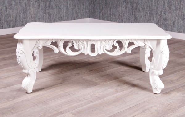 Barock Tisch Couchtisch, Repro-Antik-Design, Mahagoni weiß aufwendige Holzschnitzerei 